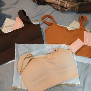 Set of Three Ribbed Crop Tops in Brown, Orange, and Cream